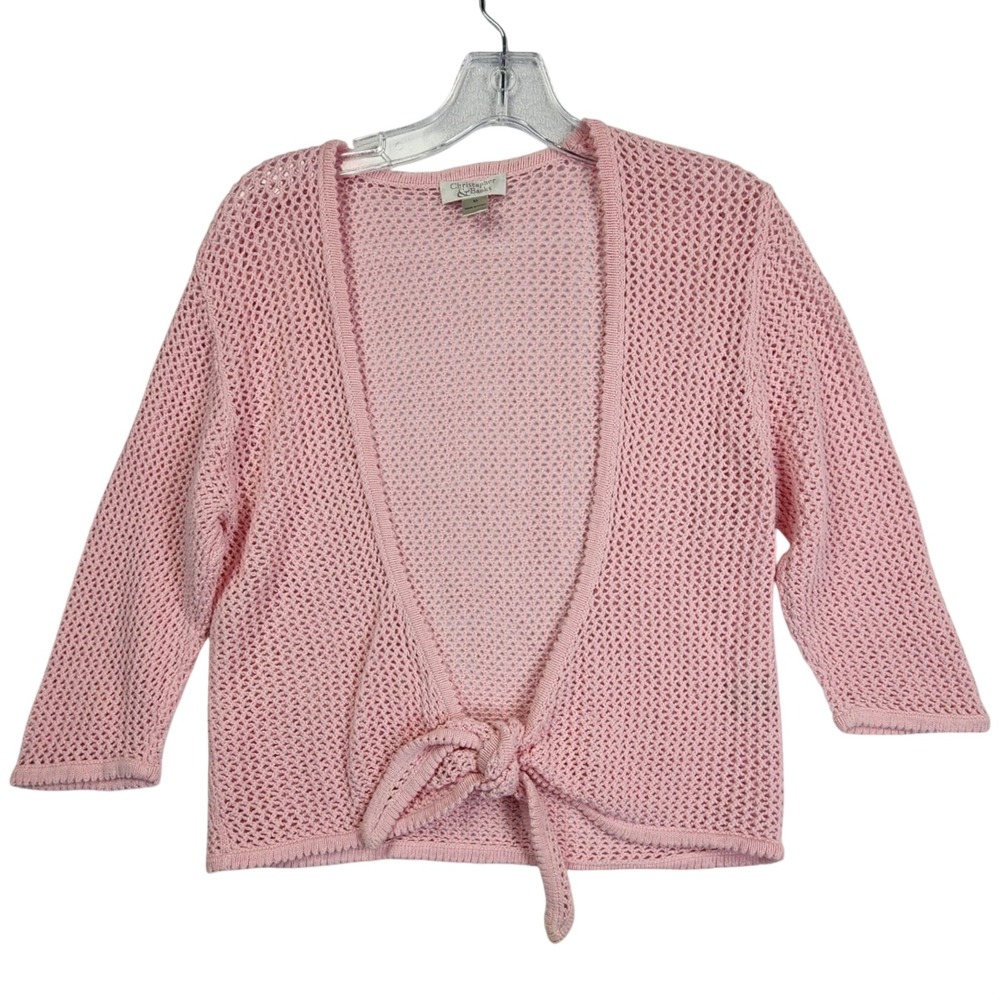 Christopher & Banks Pink Tie Front Medium Cardigan Mesh Knit Coquette Balletcore